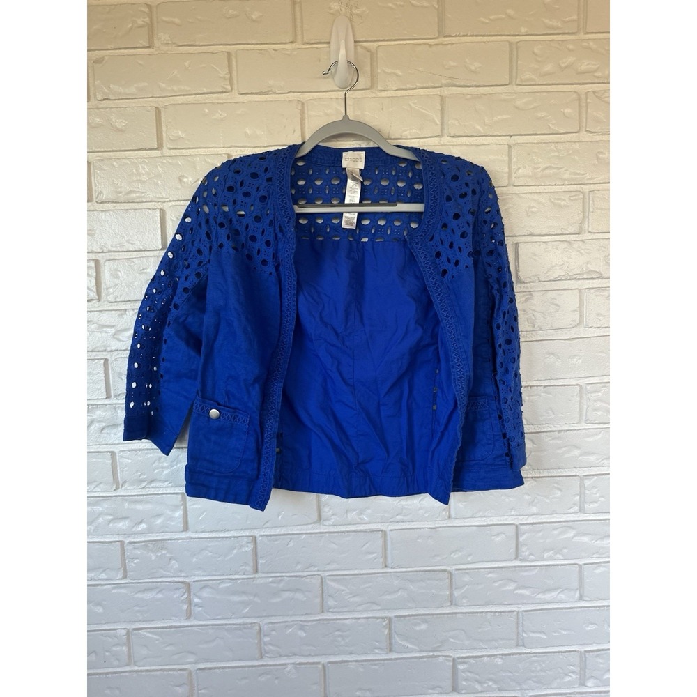Chico's 0 Linen Eyelet Crochet Jacket Royal Blue Open Front 3/4 Sleeve Boho Chic - Picture 7 of 7